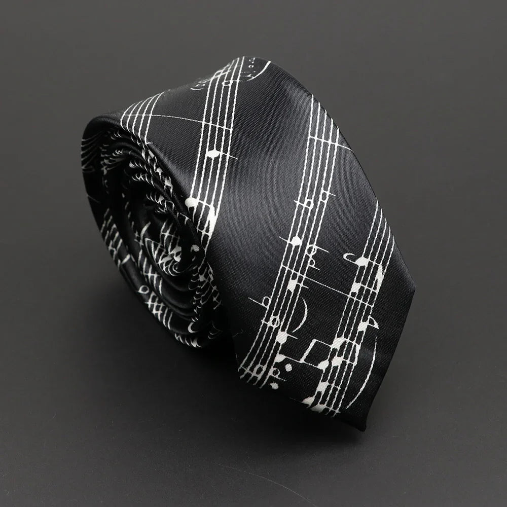 Black silk classic musical notes printed tie with white notation pattern sleek silky narrow neckties for elegant use