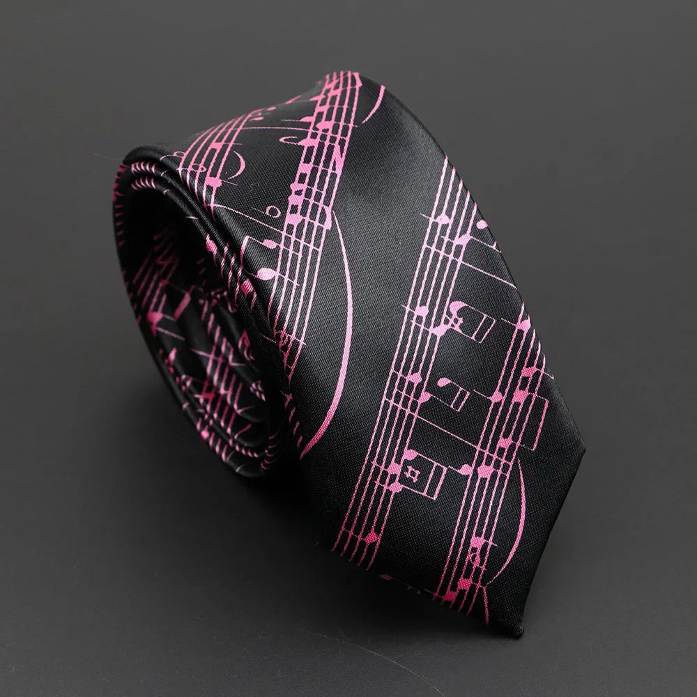 Black silk classic musical notes printed tie with vibrant pink staff lines silky narrow necktie for elegant wear