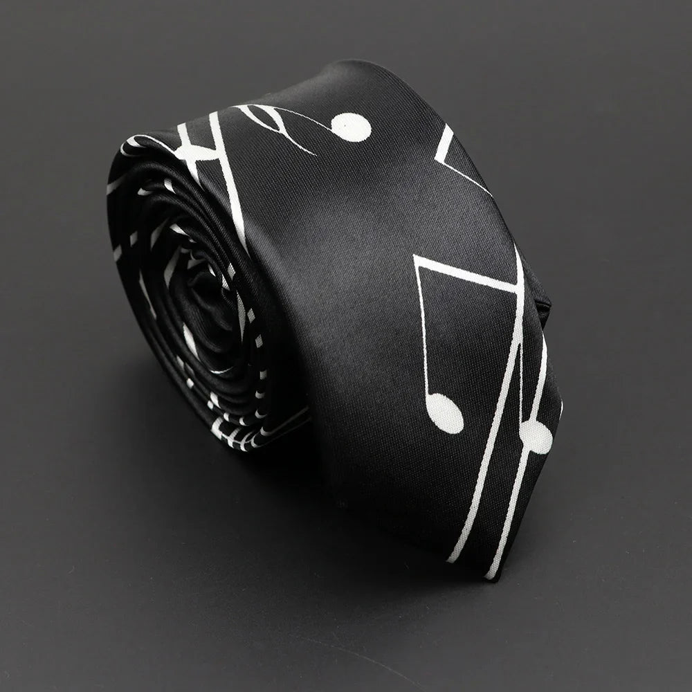 Black silk classic musical notes printed tie featuring a white pattern in a silky narrow necktie design
