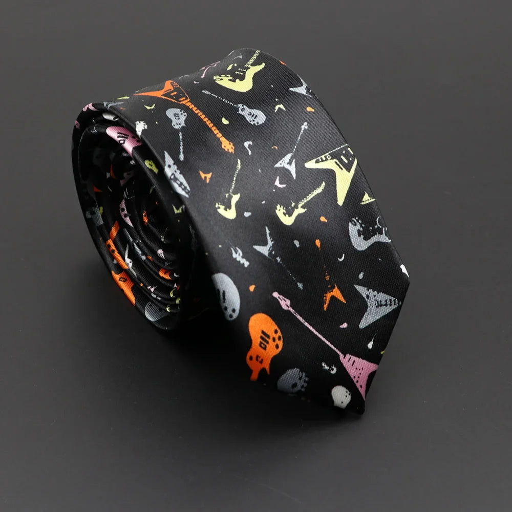 A classic musical notes printed tie with colorful electric guitars on black silky narrow neckties for elegant gifting