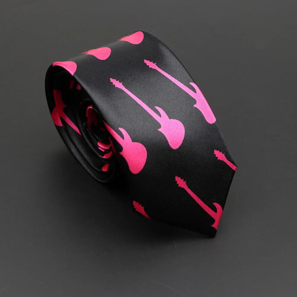 A sleek black silky narrow necktie featuring vibrant pink electric guitar silhouettes and classic musical notes print