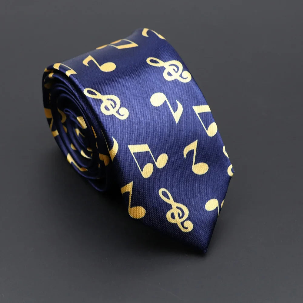 Classic musical notes navy blue silk tie with gold notes printed narrow neckties perfect elegant gift accessory