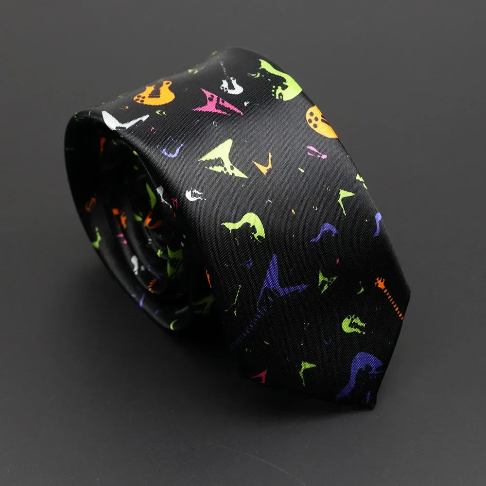 A black satin silky narrow necktie featuring a vibrant neon abstract pattern of guitar silhouettes for classic musical notes style