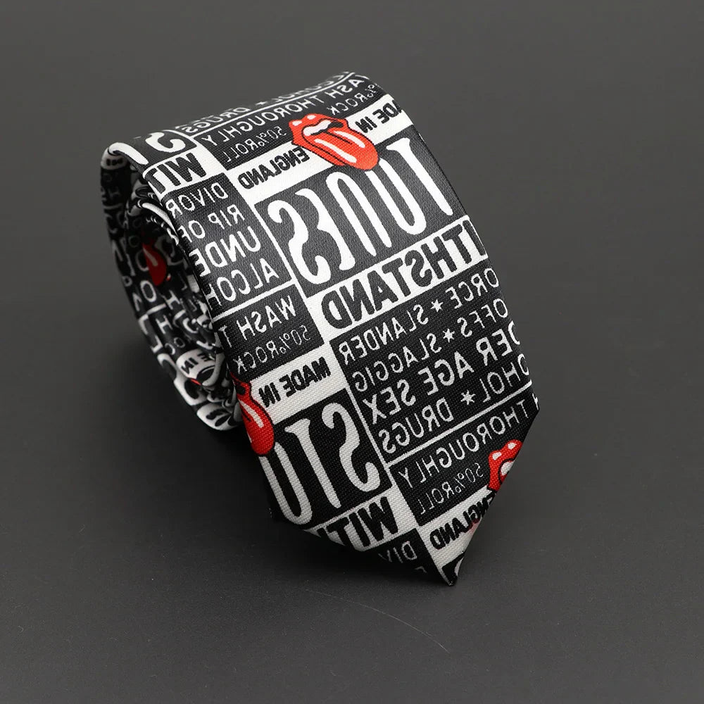 Black and white silky narrow necktie with bold stylized text and red rolling stones tongue logos classic musical notes design