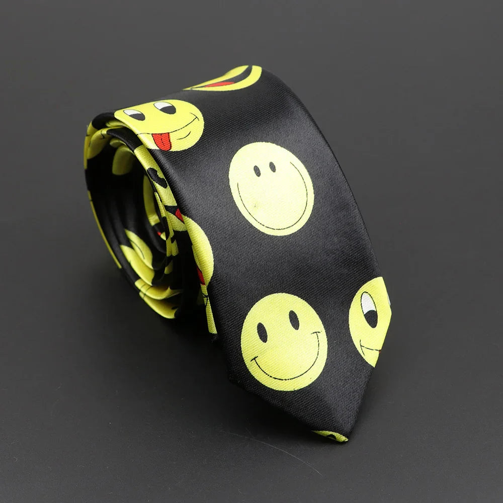 Classic musical notes silky narrow necktie in black with bright yellow smiley face patterns for elegant unisex wear