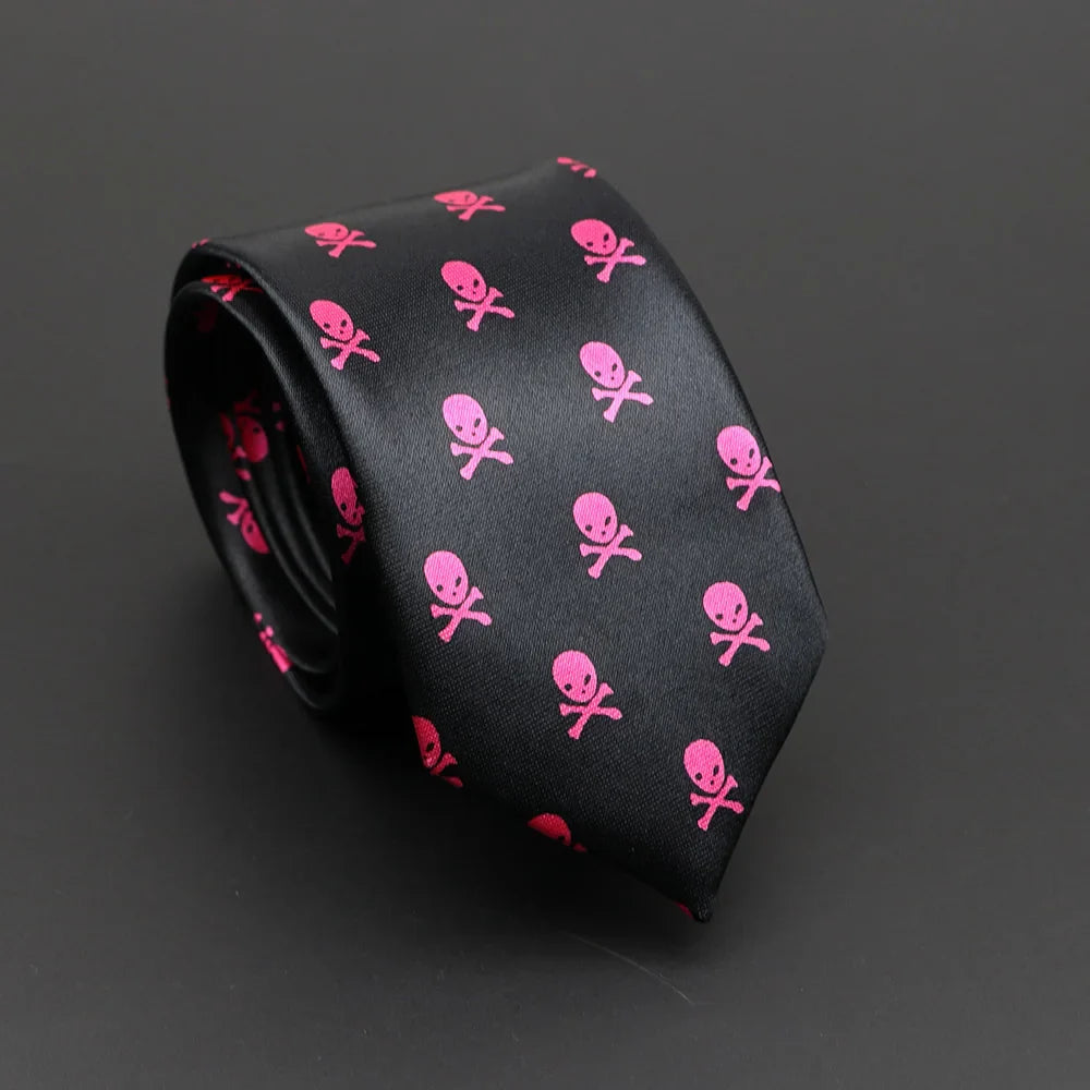 Black silk narrow necktie featuring bright pink skull and crossbones pattern for a trendy notes printed tie