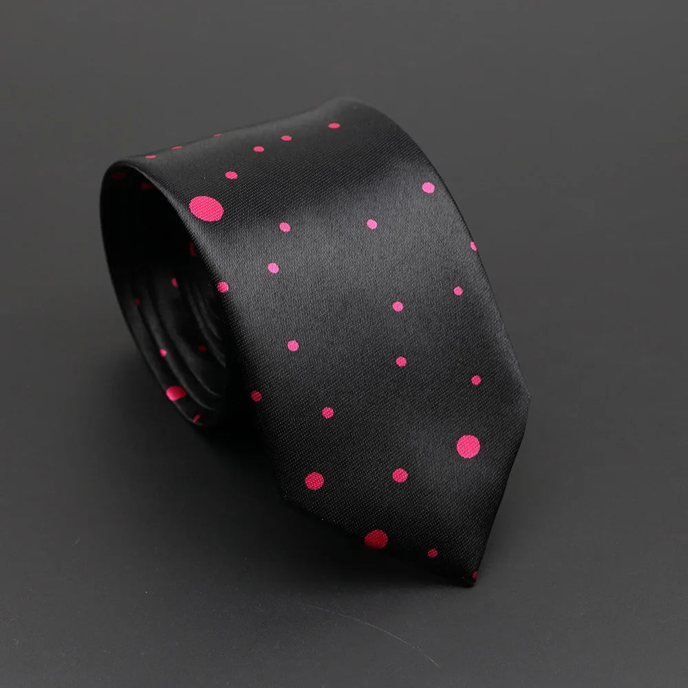 Black silk tie with vibrant pink polka dots resembling classic musical notes printed tie in silky narrow neckties style