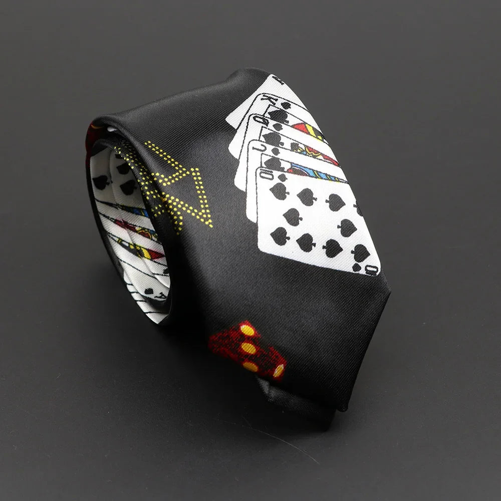 Black silk tie with bold poker theme of spade cards and red dice paired with classic musical notes printed tie design