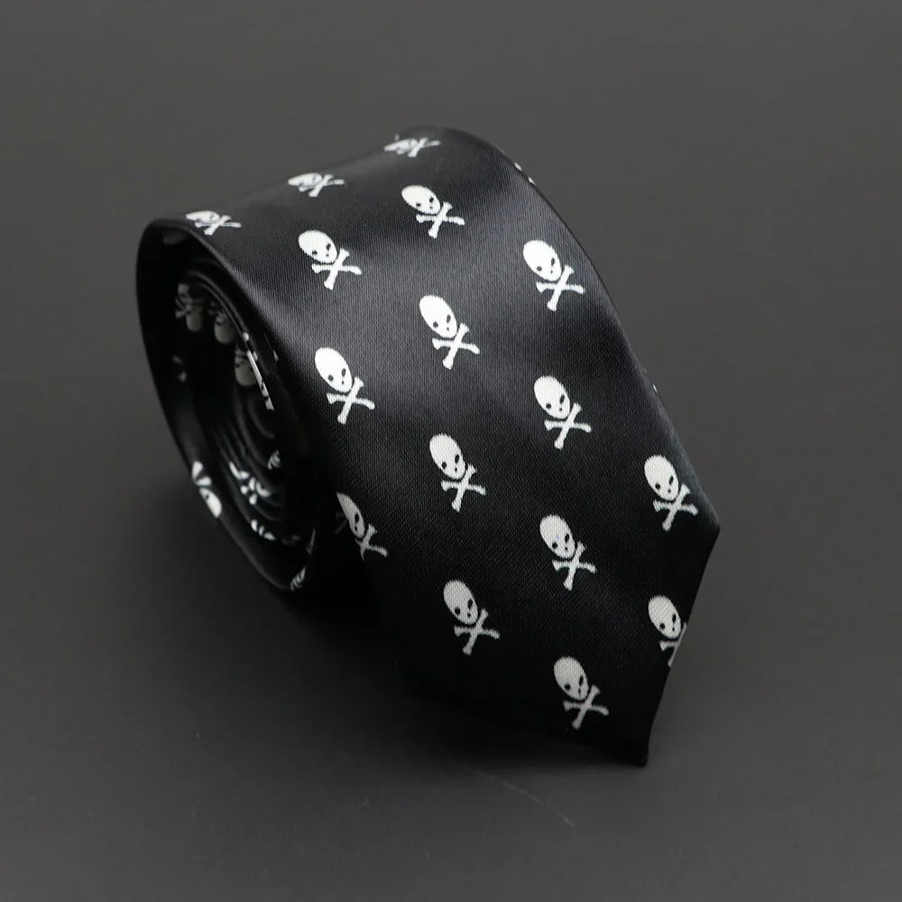 Black satin tie with white skull and crossbones pattern featuring silky narrow neckties design for classic musical notes style