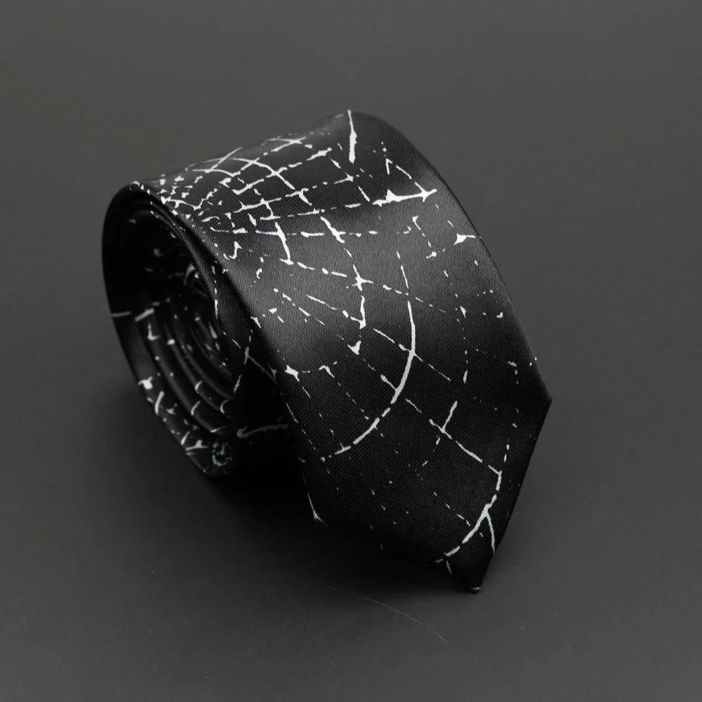 Classic musical notes silky narrow necktie in black silk with a subtle white crackle pattern for elegant unisex wear