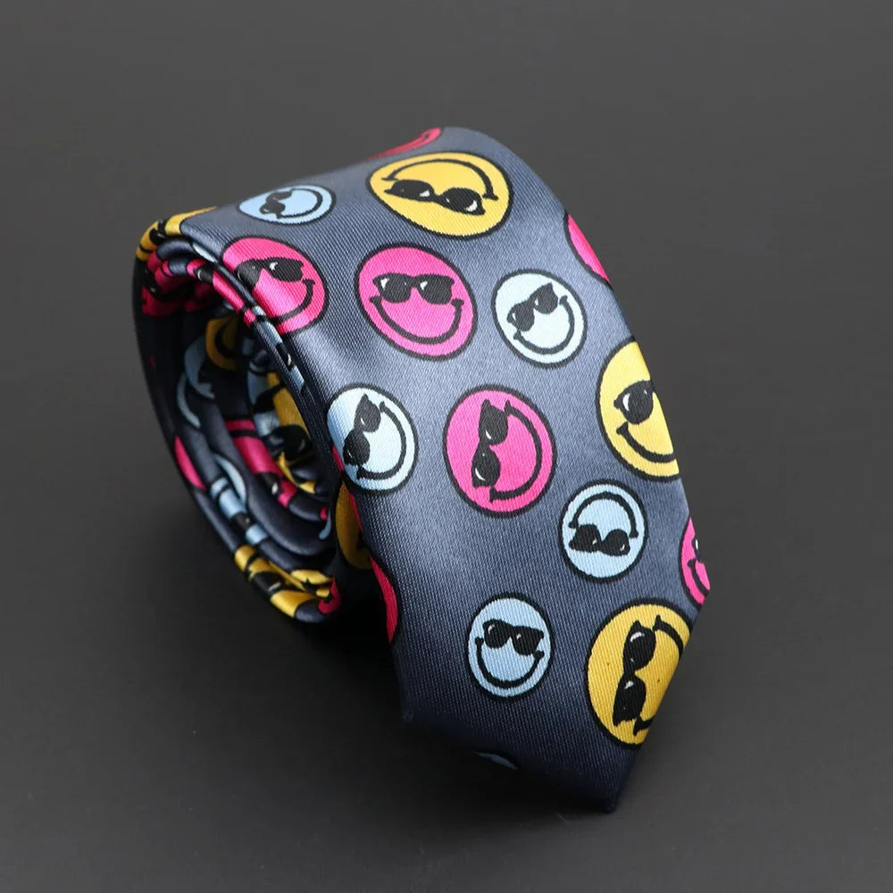 Dark gray silky narrow necktie with colorful smiling faces in circles complements classic musical notes style