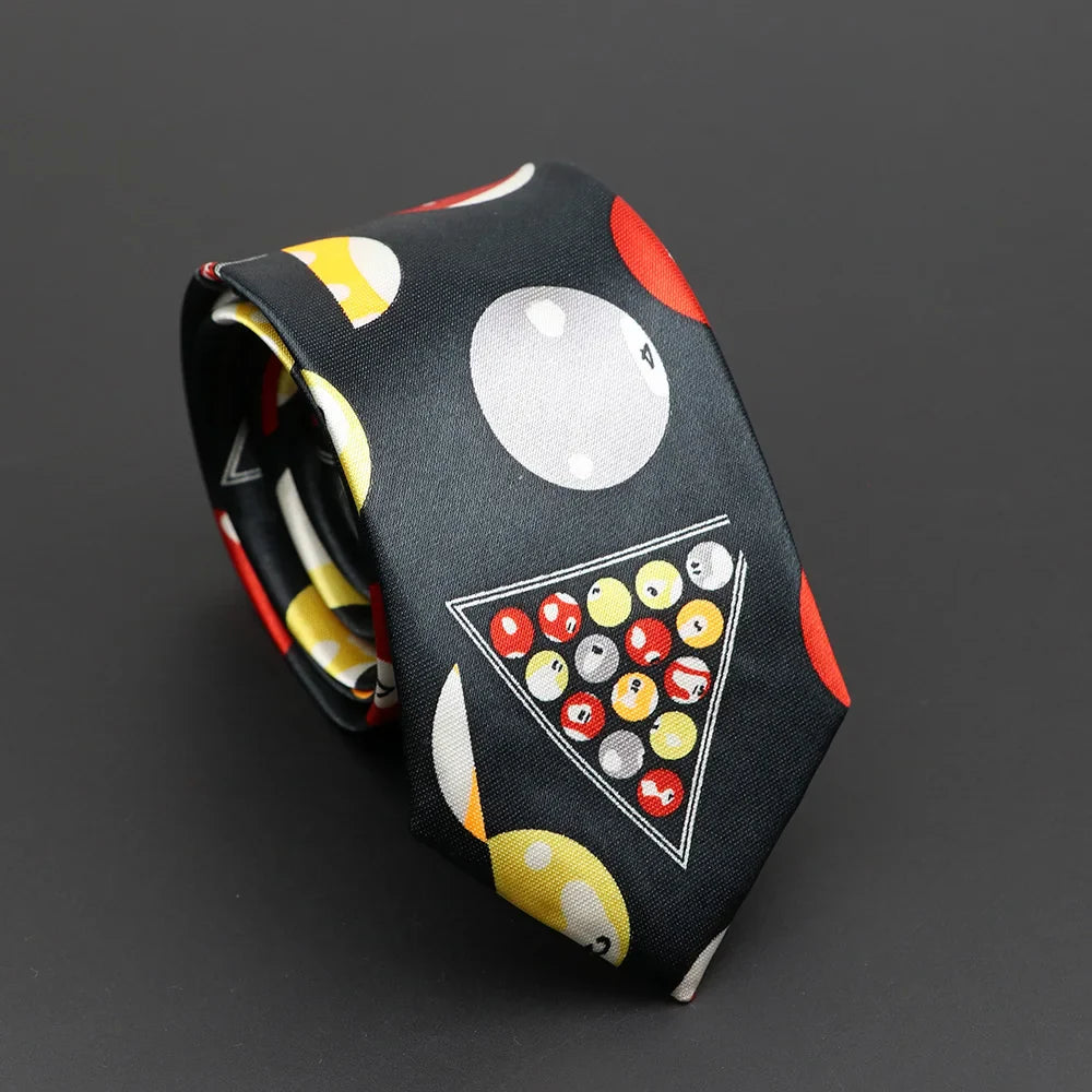 Black silk classic musical notes printed tie featuring a vibrant pool table design with colorful billiard balls and accents