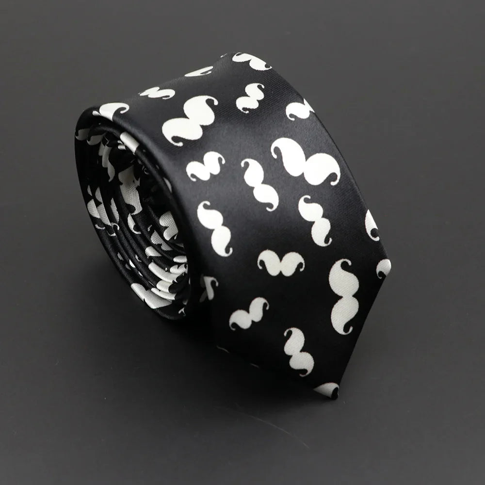 Black classic musical notes printed silky narrow necktie with white mustache pattern elegant unisex accessory