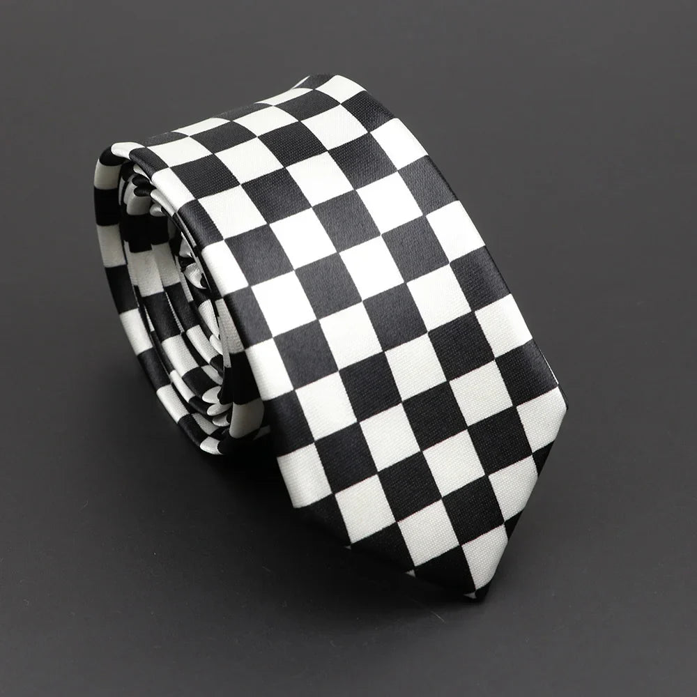 Classic musical notes silky narrow neckties with black and white checkered satin finish for elegant unisex wear