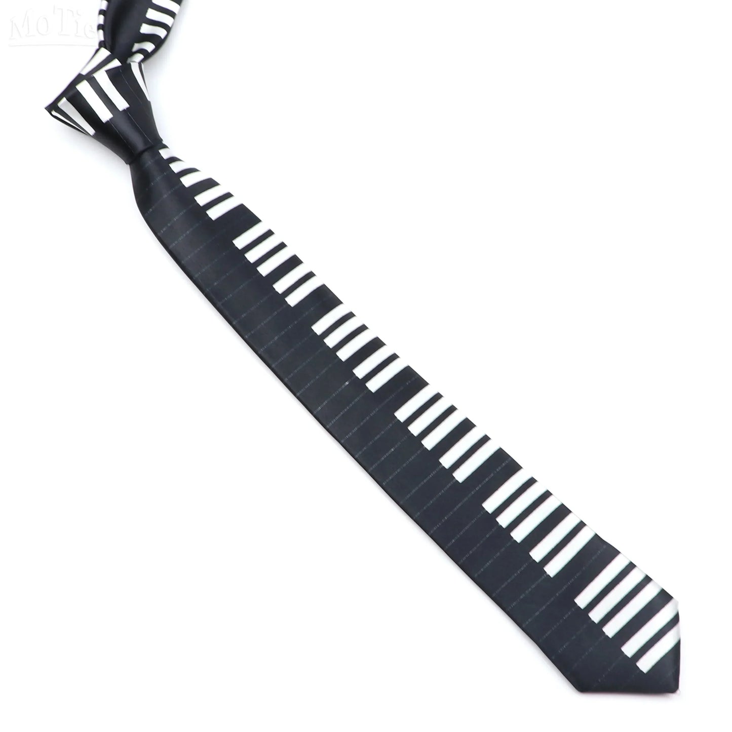 Black silky narrow necktie with classic musical notes and white piano key pattern with subtle pinstripes design