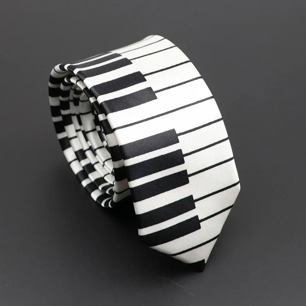 A sleek black and white classic musical notes silky narrow necktie with piano key pattern crafted from smooth fabric