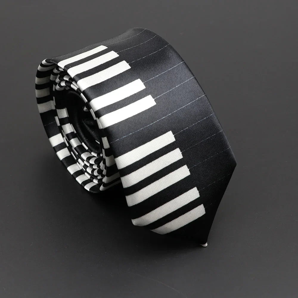 A sleek black classic musical notes printed tie with bold white piano keys made of silky narrow neckties fabric