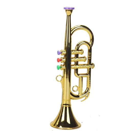 Golden toy trumpet musical instrument model with colorful valve caps and purple mouthpiece for early education learning