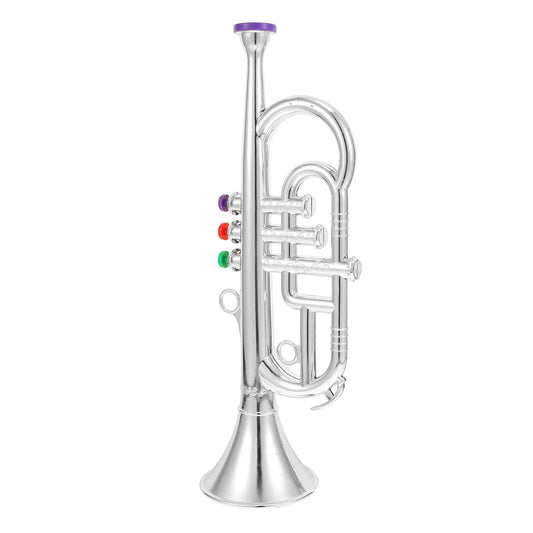 Silver-colored musical instrument model toy trumpet with purple mouthpiece and colorful red green purple valve caps for kids learning