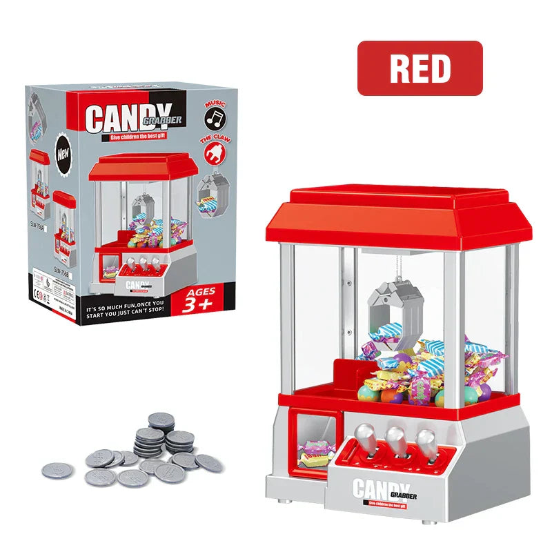 Red and silver claw machine electronic candy machine arcade with transparent glass and colorful wrapped candies inside