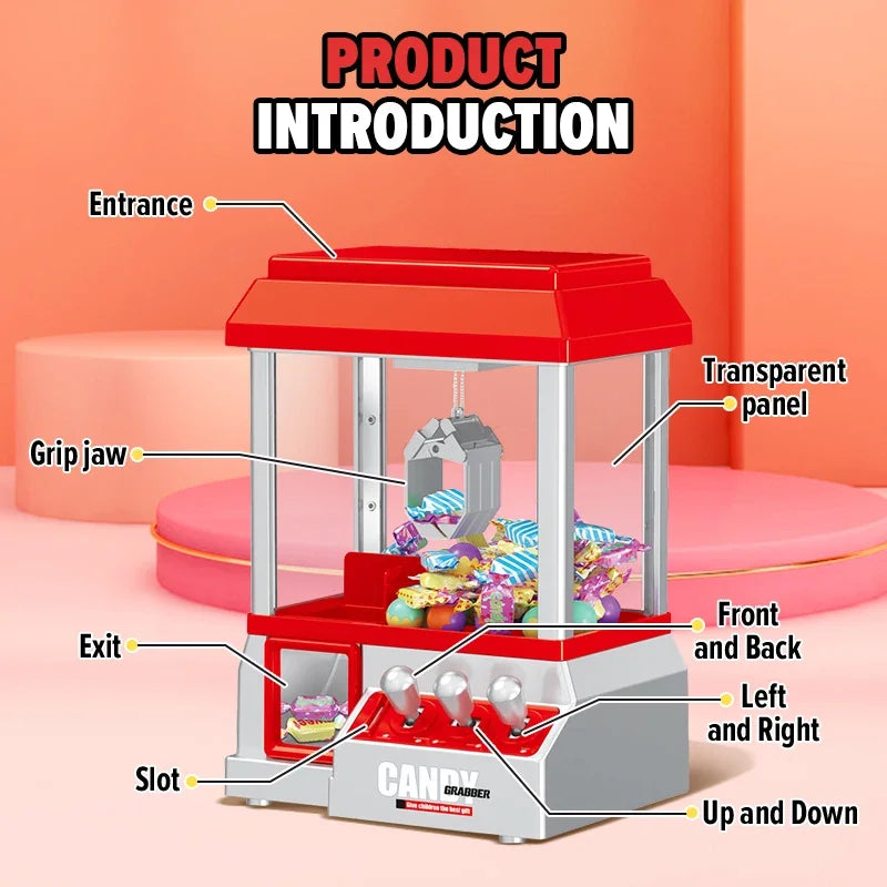 Red and silver claw machine electronic candy machine arcade with transparent panels and retro carnival music features