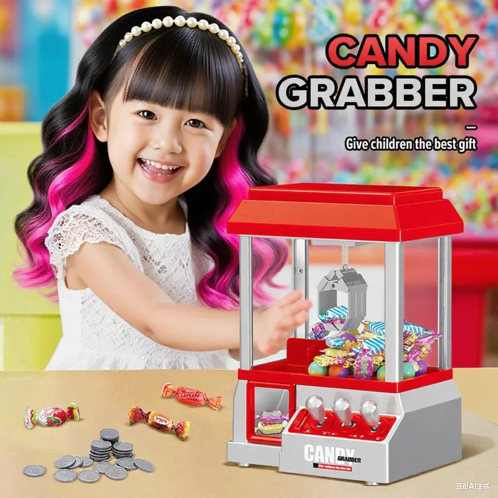 Red and silver claw machine electronic candy machine arcade with transparent front and colorful wrapped candies inside