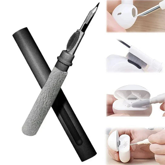 Gray textured grip earphones cleaning pen with metallic tip and black case for cleaner kit earphones and earbuds cleaning tools