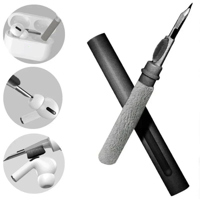 Black and gray silicone handled earphones cleaning pen with precision metal tip for cleaning earbuds and airpods cases
