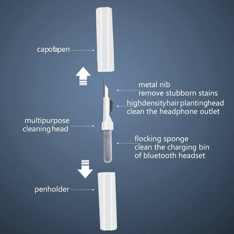 White cylindrical earphones cleaning pen with metal nib high-density hair head and sponge for cleaner kit earphones maintenance