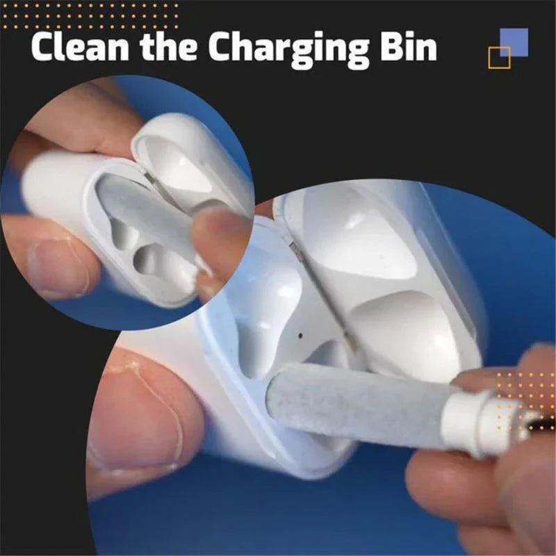 White plastic charging case with earphones cleaning pen inserted illustrating cleaner kit earphones and earbuds cleaning tools use