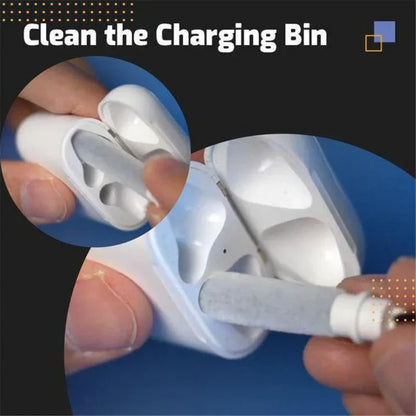 White plastic charging case with earphones cleaning pen inserted illustrating cleaner kit earphones and earbuds cleaning tools use