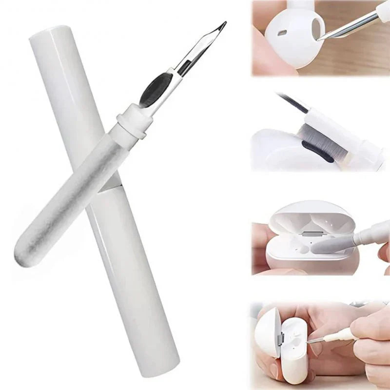 White plastic earphones cleaning pen with slender metal tip and black rubber grip from cleaner kit earphones for earbuds cleaning tools