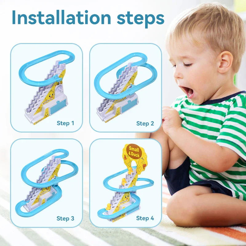 Blue plastic climbing stairs track toy with yellow electric duck diy figures and white steps for diy rail racing roller coaster