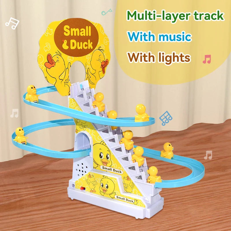 Yellow and blue multi-layer electric duck diy racing track roller toy with music lights and small duck figurines for kids gift