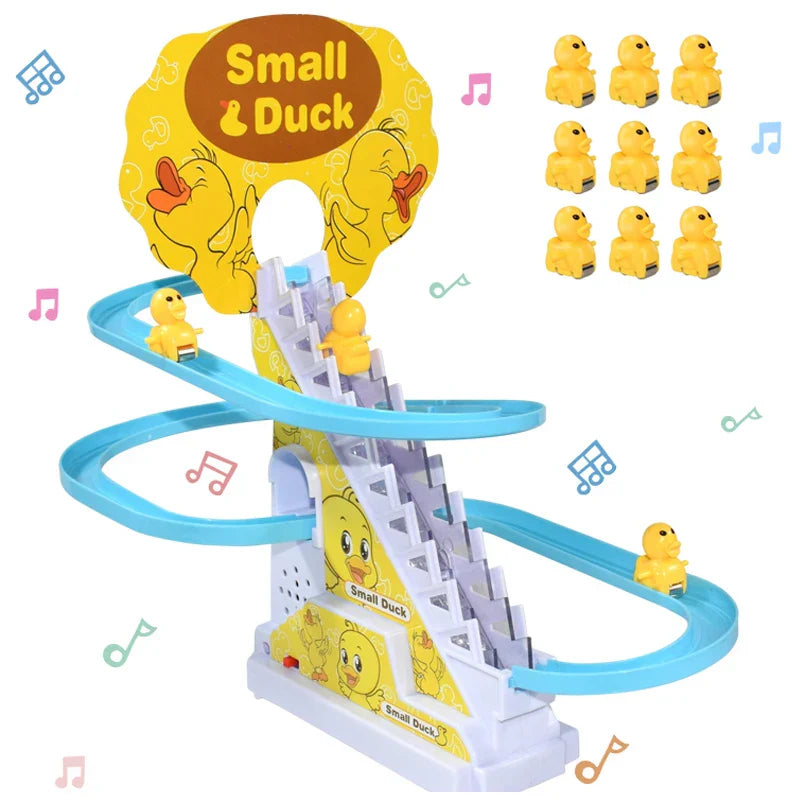 Yellow plastic electric duck diy racing track roller toy with blue rails and white base for kids educational gift