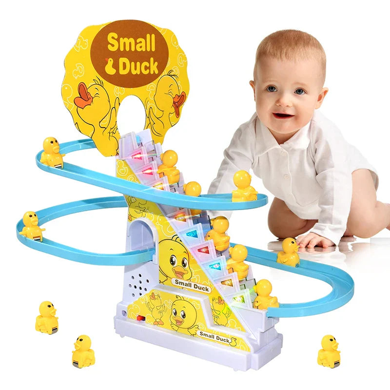 Yellow plastic electric duck diy climbing stairs racing track roller coaster toy with blue rails and white base for kids gift