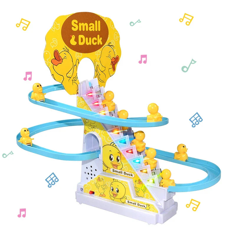 Yellow plastic electric duck diy climbing stairs racing track roller with blue rails and illuminated sections for kids gift