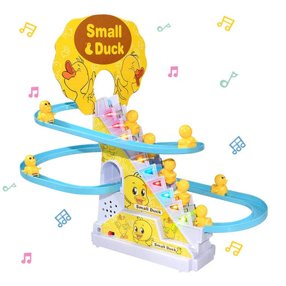 Yellow plastic electric duck diy climbing stairs racing track roller with blue rails and illuminated sections for kids gift