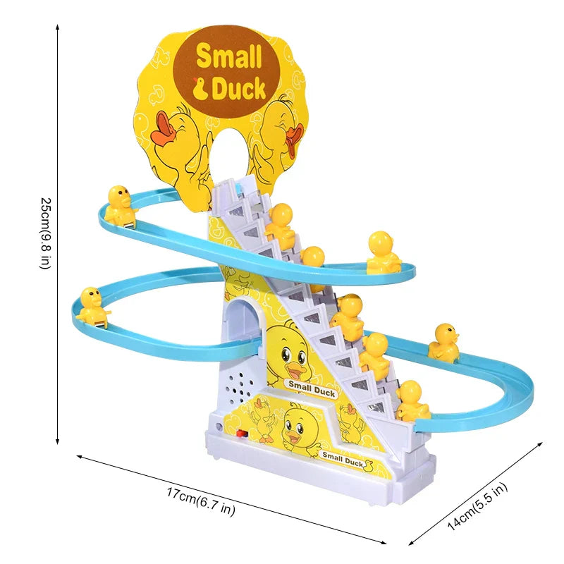 Yellow plastic electric duck diy climbing stairs track toy with multi-level racing track roller and cartoon duck illustrations