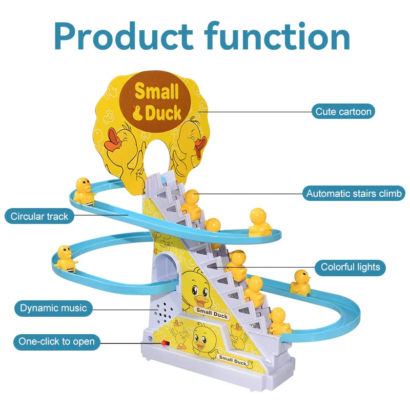 Yellow and white plastic electric duck diy racing track roller toy featuring spiral climbing stairs with small yellow ducks
