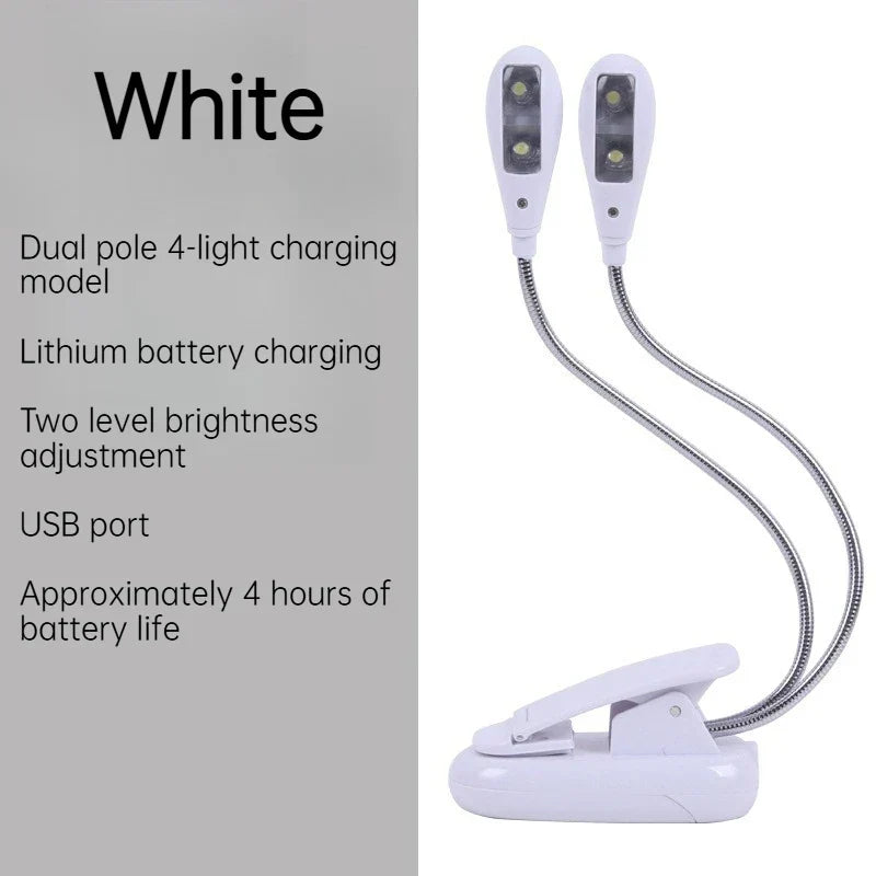 White dual-pole clip-on music stand light with flexible dual arms and four LED lights for piano violin musical use