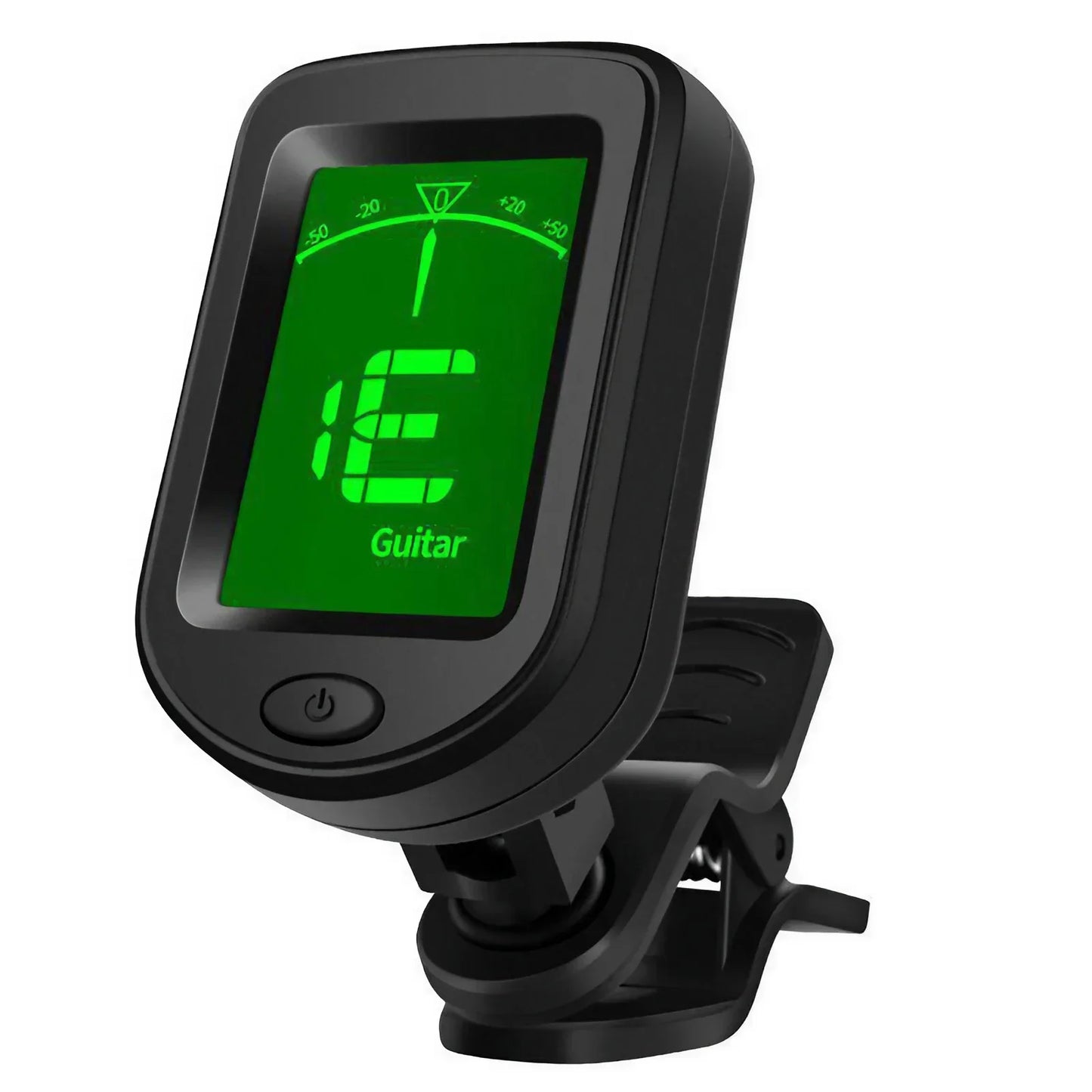 Black clip-on digital guitar tuner with green illuminated degree rotatable lcd display showing note e for guitarra tuner portable use