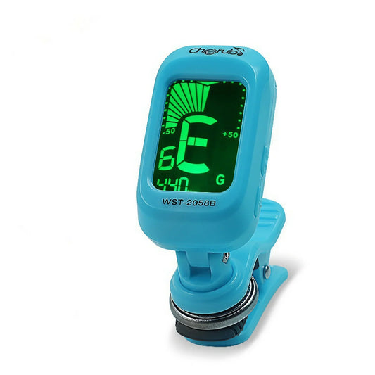 Blue plastic clip-on digital guitar tuner with green illuminated degree rotatable lcd display for guitarra tuner portable use