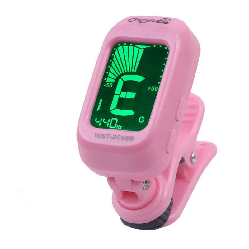 Pink plastic clip-on digital guitar tuner with 360 degree rotatable lcd screen displaying note e at 440 hz portable guitarra tuner