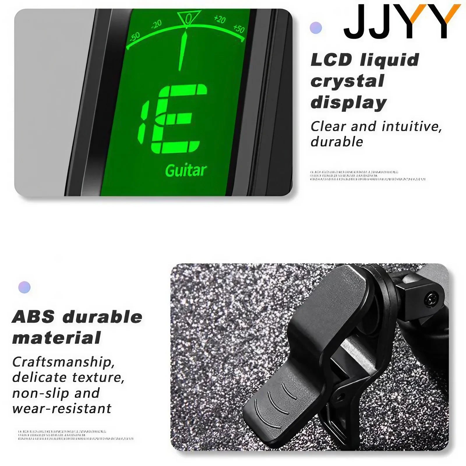 Black abs plastic digital guitar tuner with 360 degree rotatable lcd and green display showing note e for guitarra tuner portable