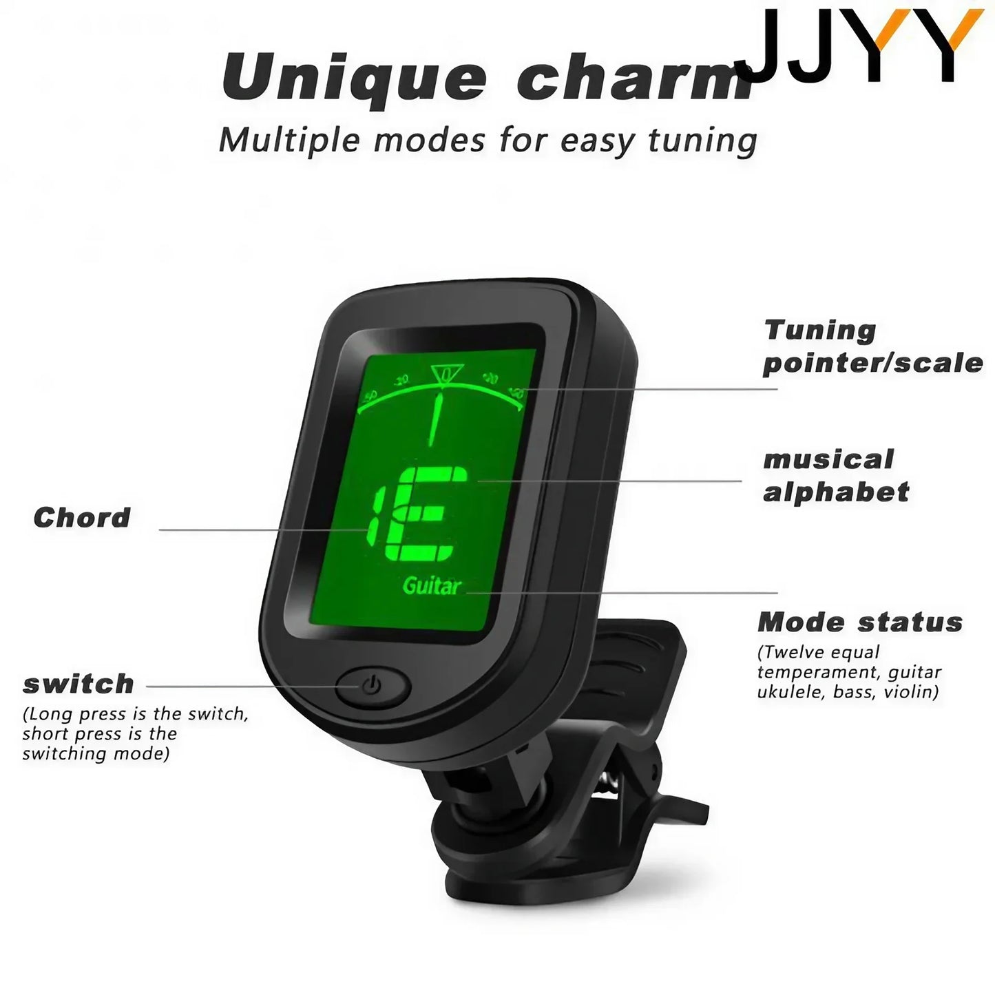 Black clip-on digital guitar tuner with 360 degree rotatable lcd and green display showing note e for guitarra tuner portable use
