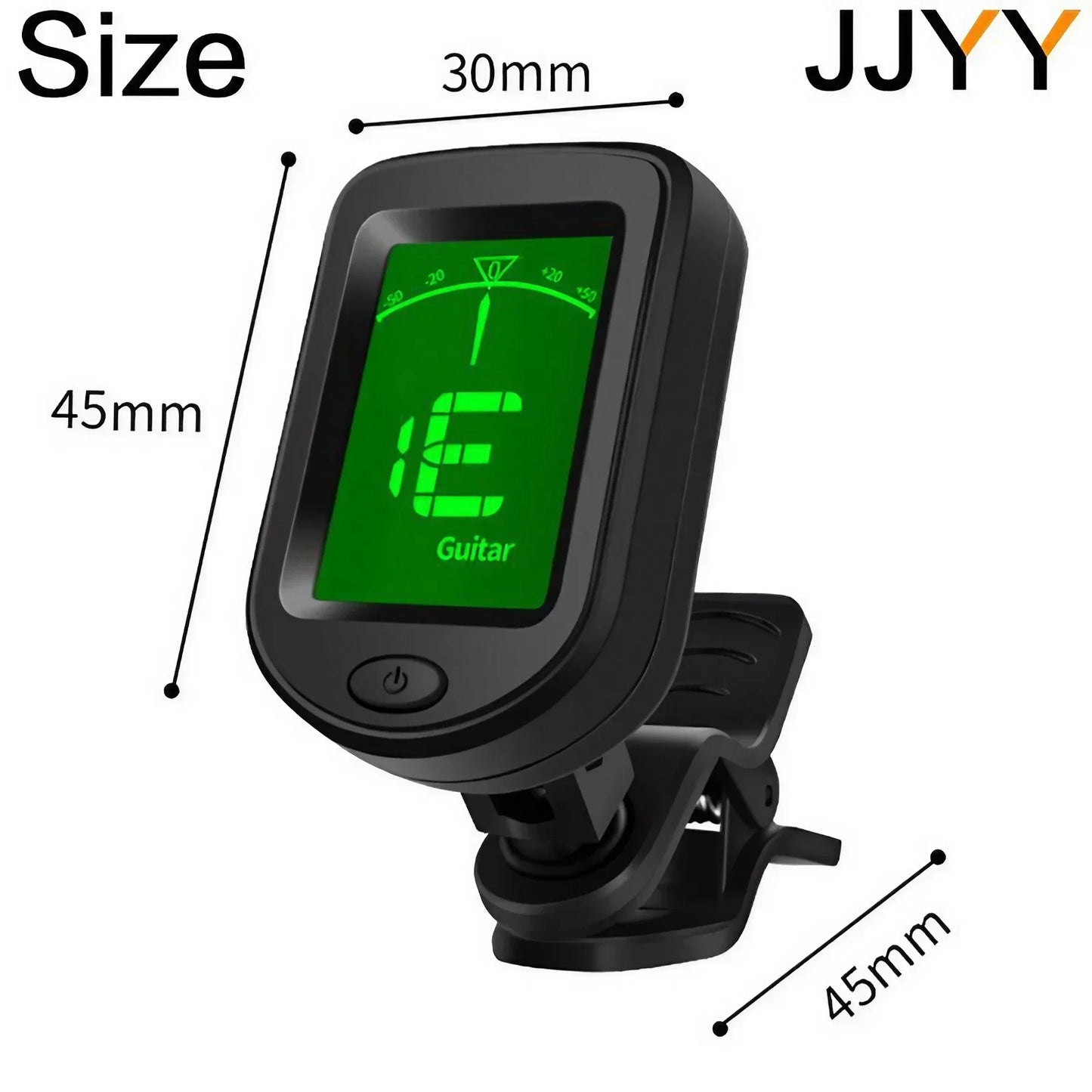 Black digital guitar tuner with green illuminated degree rotatable lcd display showing note e and clip for attachment