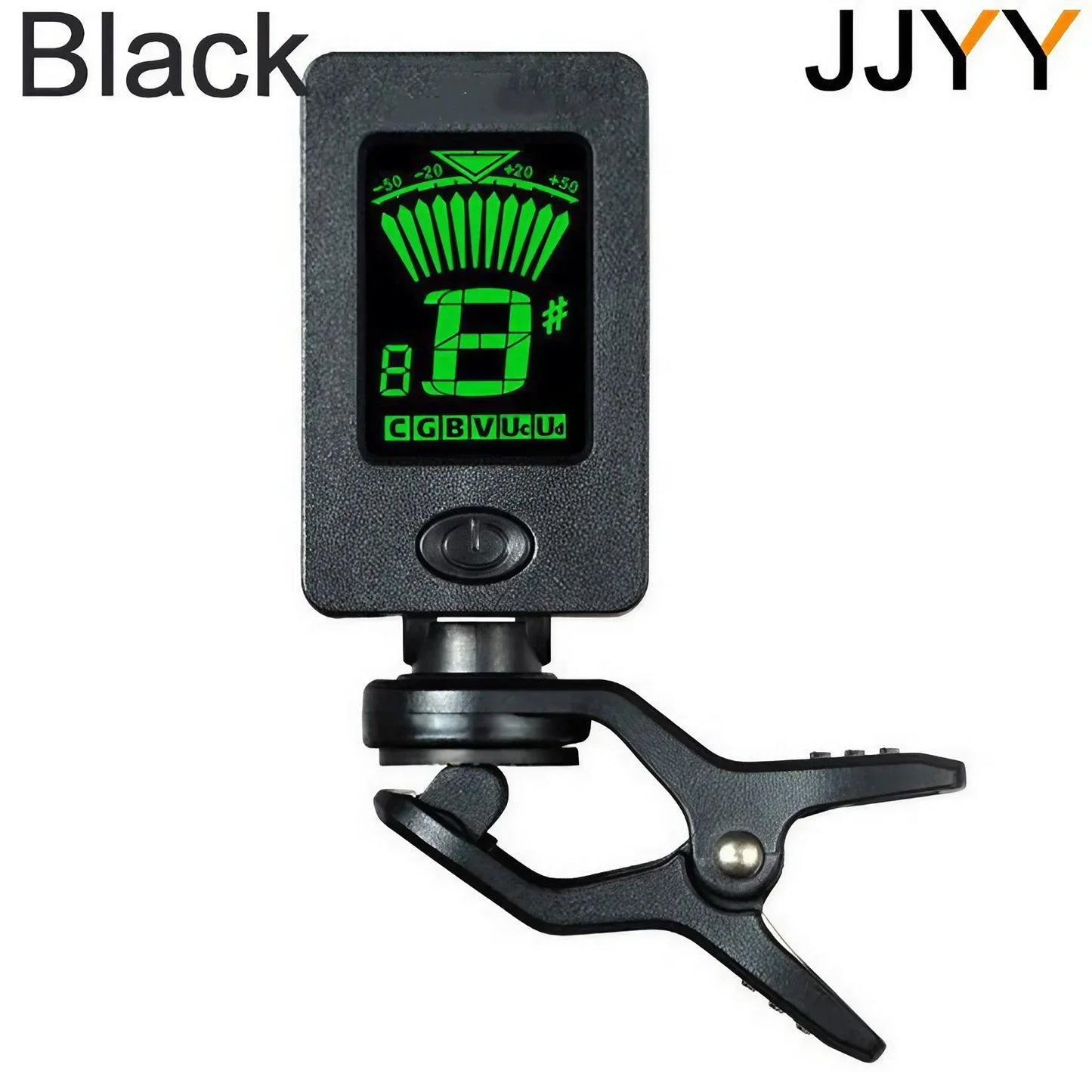 Black digital guitar tuner with green illuminated degree rotatable lcd display showing note b sharp portable guitarra tuner