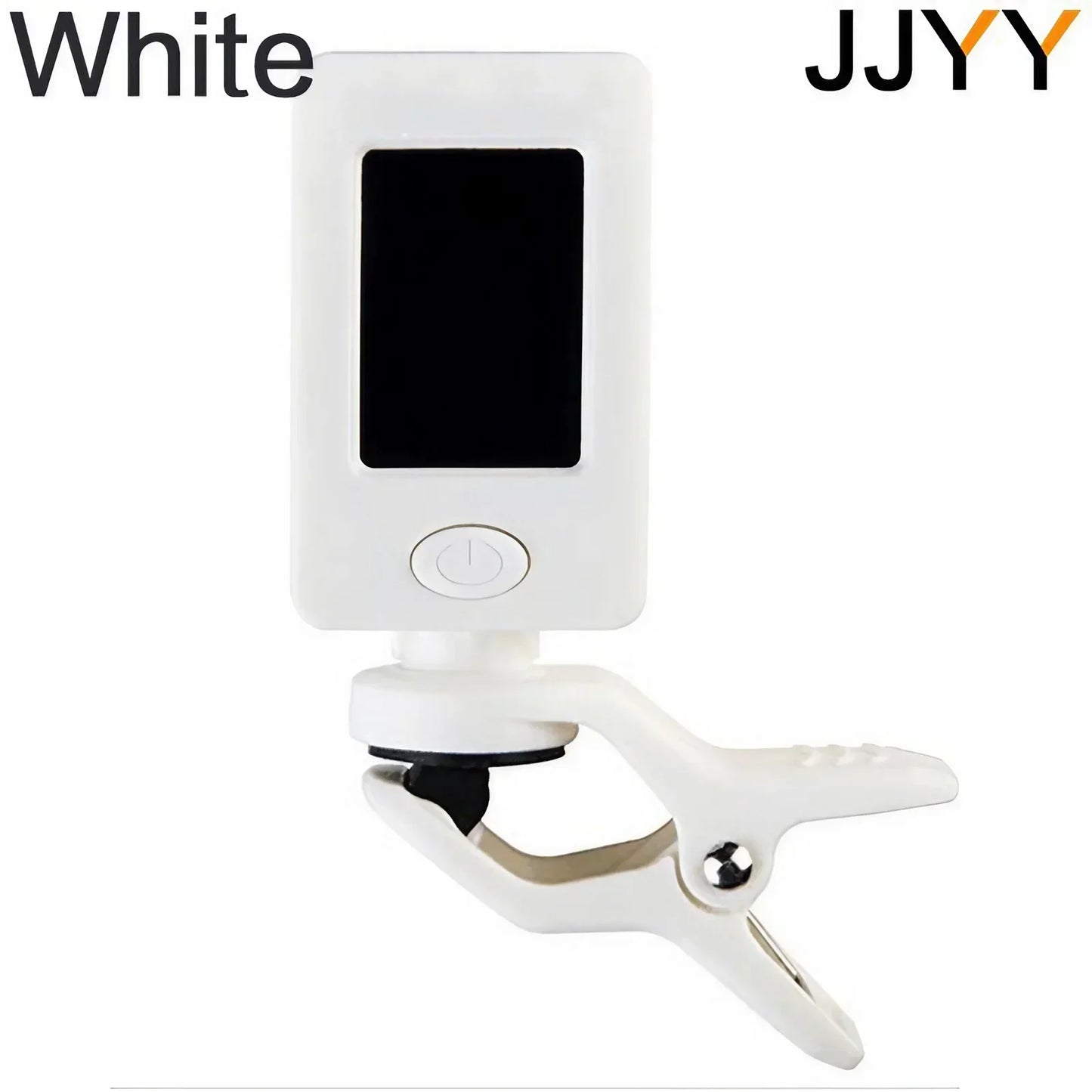 White clip-on digital guitar tuner with 360 degree rotatable lcd screen and power button for guitarra tuner portable use