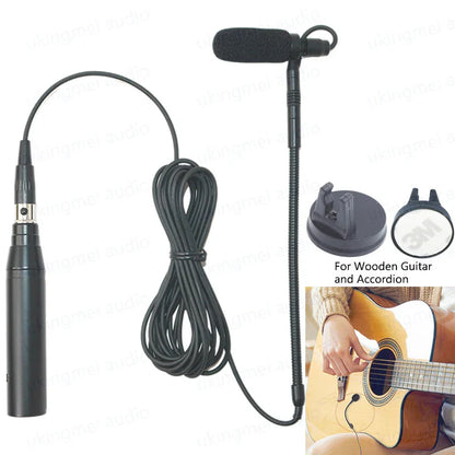 Black musical instrument microphone with flexible gooseneck and phantom power input for guitar saxophone violin use